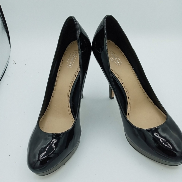 Coach Black Patent Leather Pumps with 3/4" Wooden Platforms Size 10 - Picture 1 of 12